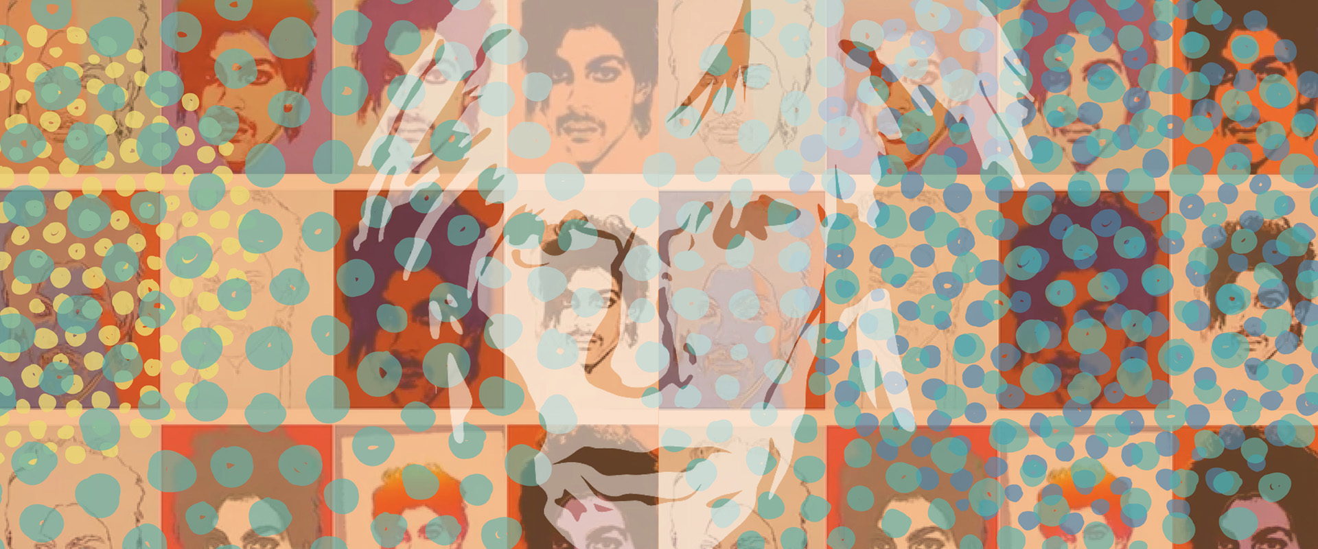 Artistic rendering of multiple images the musical artist Prince, with the artist Andy Warhol superimposed over Prince.