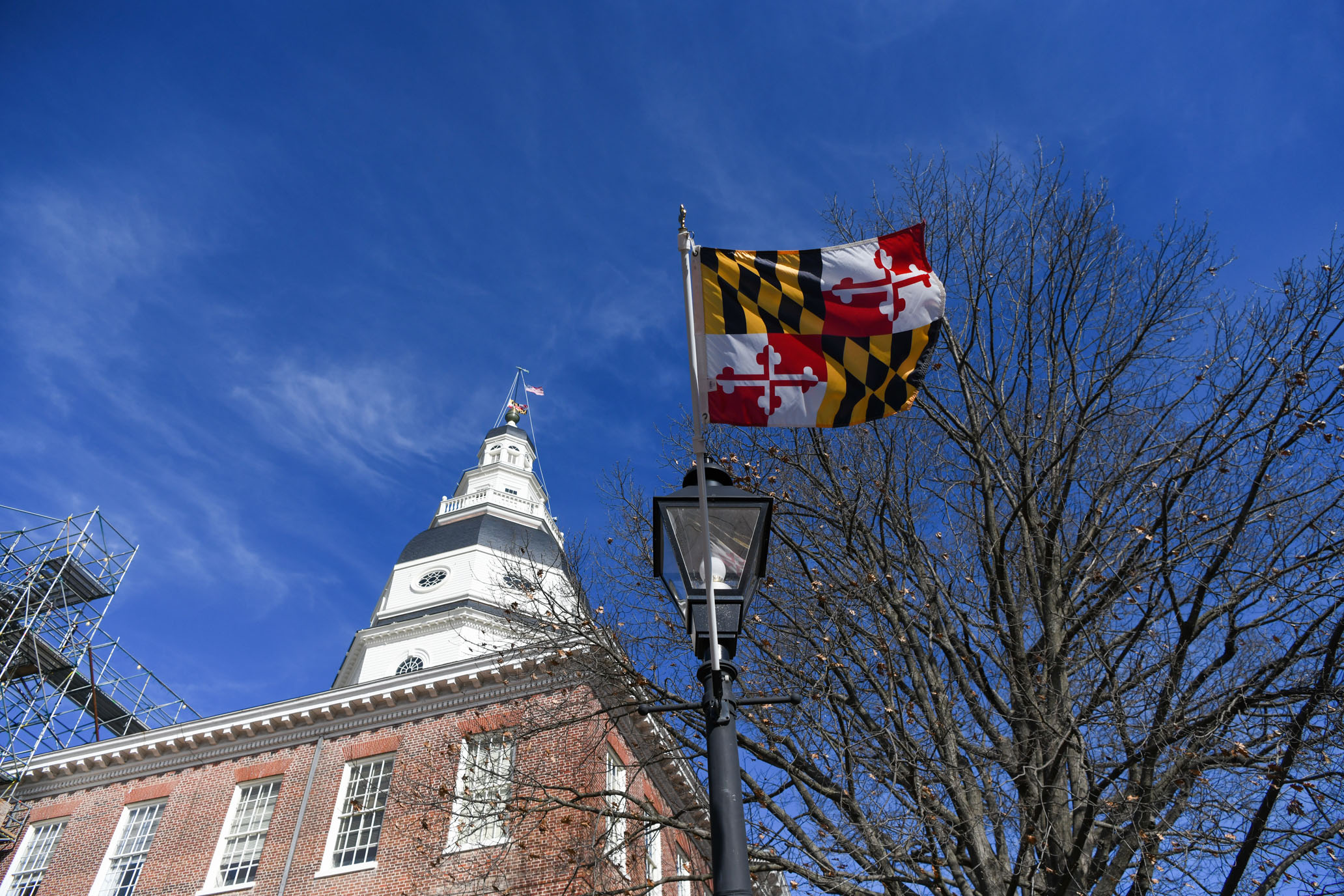 Downtown Annapolis capital building and Maryland state flag.