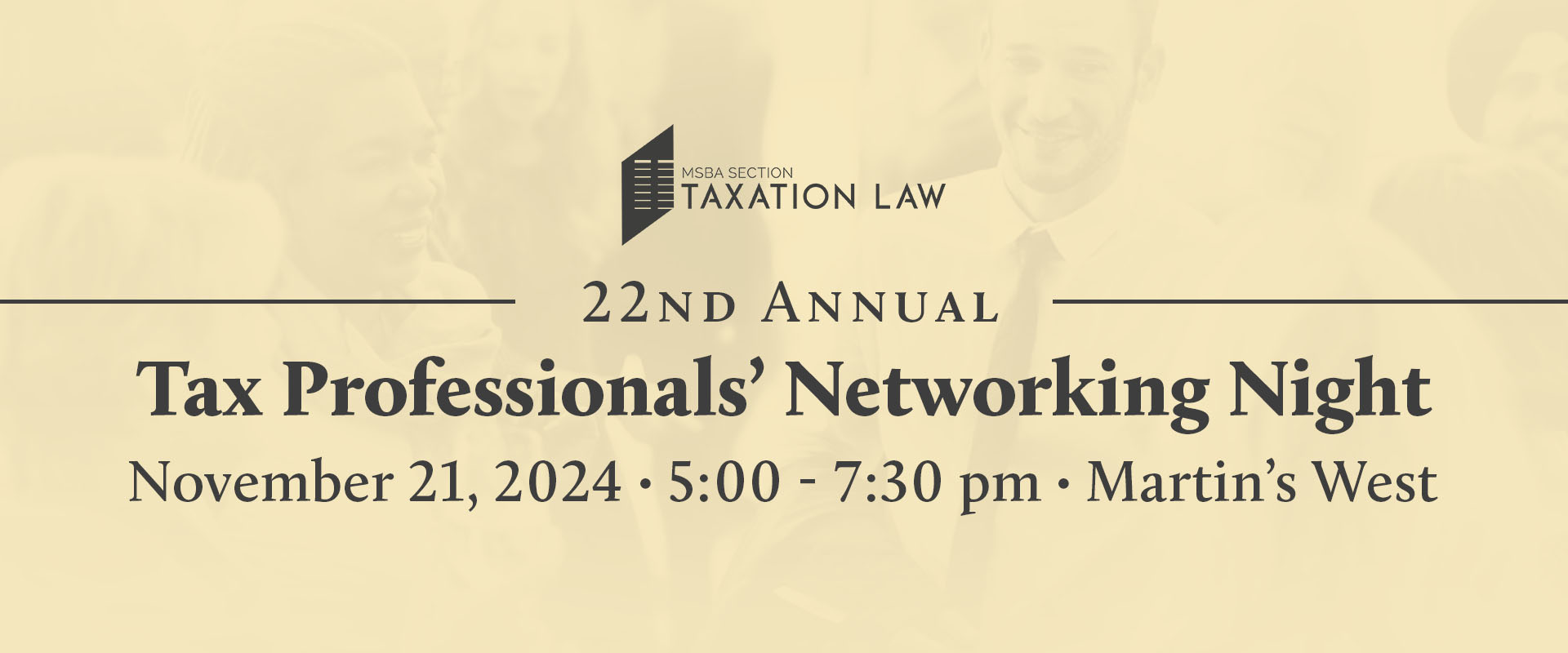 People mingling with Taxation Section logo and text